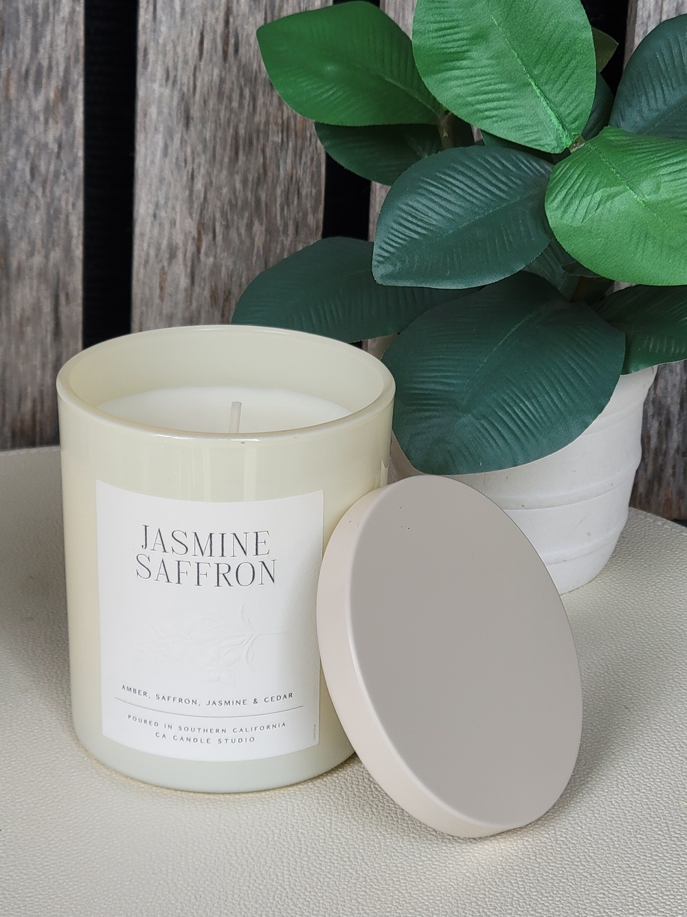 Jasmine Saffron Scented Candle - Cream Jar with Beige Lid